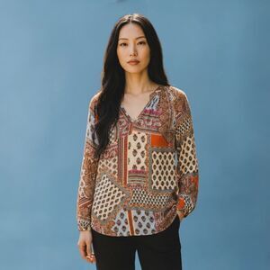 CHRISTIAN SIRIANO Boho Top Peasant Sleeves Colorful Moroccan Patch Print Sz M